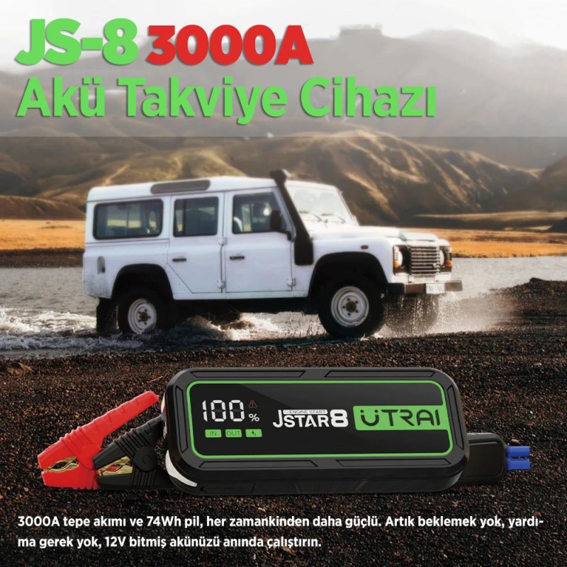 UTRAI Jstar 8 74Wh 20000mAh 3000A Jump Starter Taşınabilir Akü Takviye Cihazı ( Powerbank + Led Lamba + Taşıma Kılıfı + LCD Ekran )