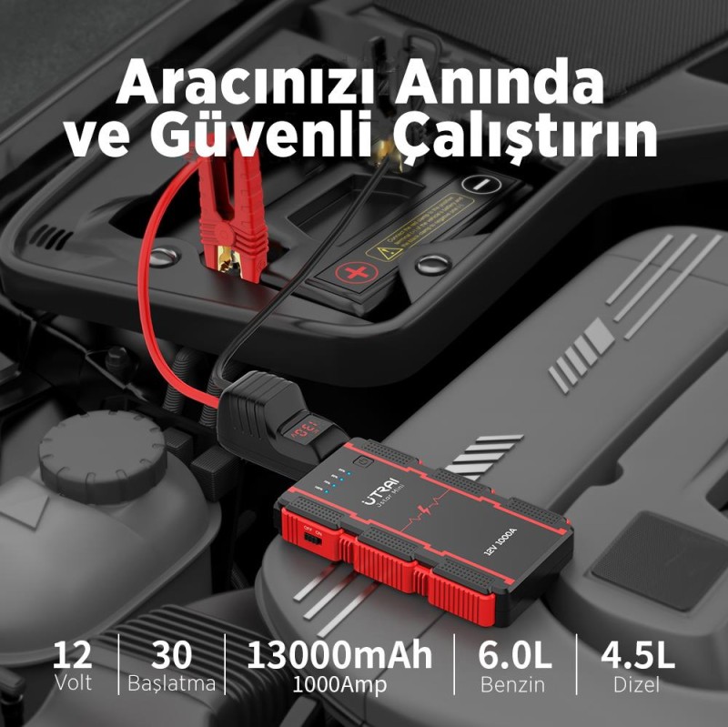 UTRAI Jstar Mini 13000mAh 1000A Jump Starter Taşınabilir Akü Takviye Cihazı ( Powerbank + Led Lamba)