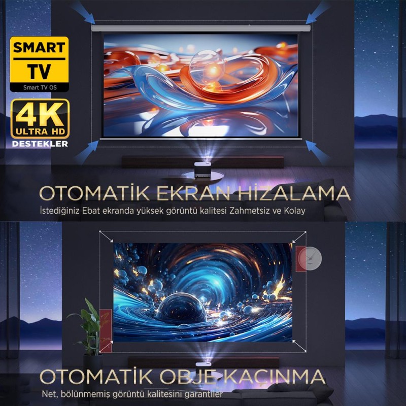 Vankyo Aurzen Boom 3 4K Smart TV Projeksiyon Cihazı +Auto Focus+Auto Keystone+6G WiFi+5.2 Bluetooth+300 İnç Yansıtma+36W HiFi Dolby Ses Sistemi - PS5/PS4/XBOX