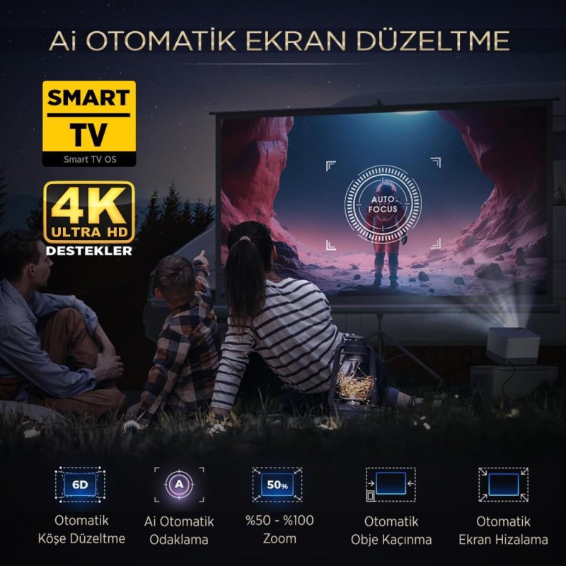 Vankyo Aurzen Boom 3 4K Smart TV Projeksiyon Cihazı +Auto Focus+Auto Keystone+6G WiFi+5.2 Bluetooth+300 İnç Yansıtma+36W HiFi Dolby Ses Sistemi - PS5/PS4/XBOX