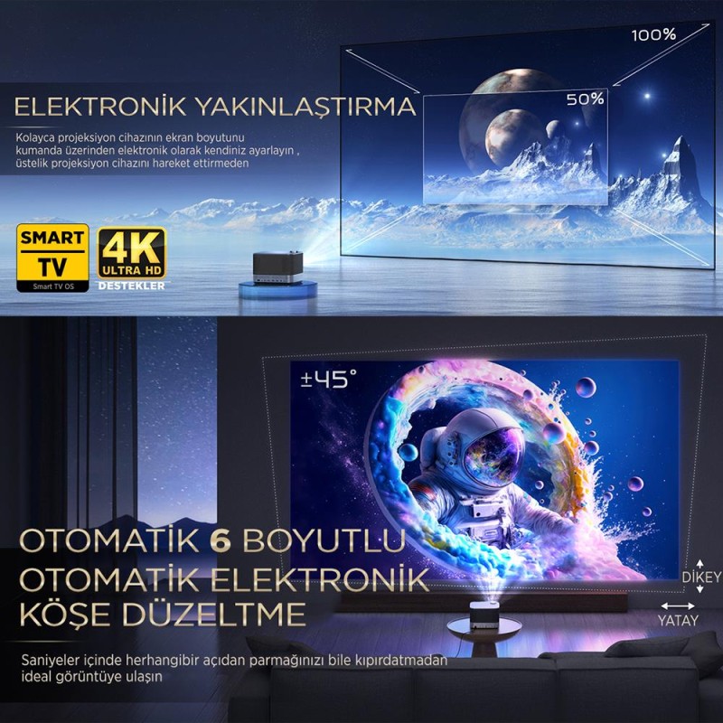 Vankyo Aurzen Boom 3 4K Smart TV Projeksiyon Cihazı +Auto Focus+Auto Keystone+6G WiFi+5.2 Bluetooth+300 İnç Yansıtma+36W HiFi Dolby Ses Sistemi - PS5/PS4/XBOX