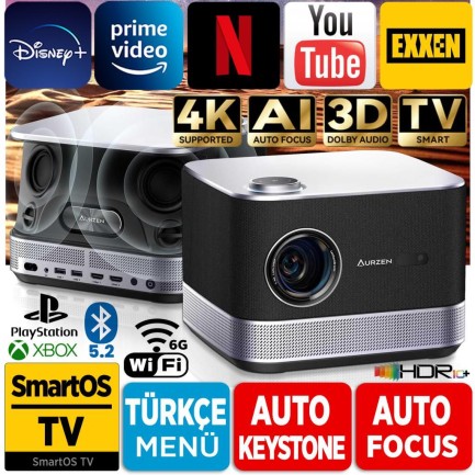 VANKYO - Vankyo Aurzen Boom 3 4K Smart TV Projeksiyon Cihazı +Auto Focus+Auto Keystone+6G WiFi+5.2 Bluetooth+300 İnç Yansıtma+36W HiFi Dolby Ses Sistemi - PS5/PS4/XBOX