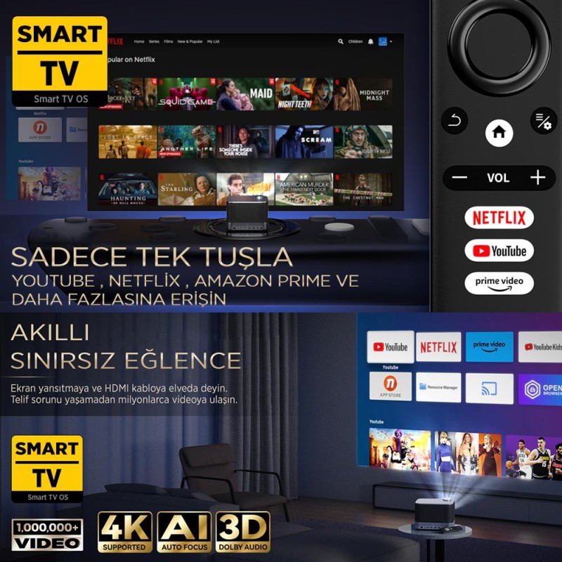 Vankyo Aurzen Boom 3 4K Smart TV Projeksiyon Cihazı +Auto Focus+Auto Keystone+6G WiFi+5.2 Bluetooth+300 İnç Yansıtma+36W HiFi Dolby Ses Sistemi - PS5/PS4/XBOX