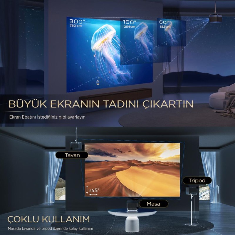 Vankyo Aurzen Boom 3 4K Smart TV Projeksiyon Cihazı +Auto Focus+Auto Keystone+6G WiFi+5.2 Bluetooth+300 İnç Yansıtma+36W HiFi Dolby Ses Sistemi - PS5/PS4/XBOX
