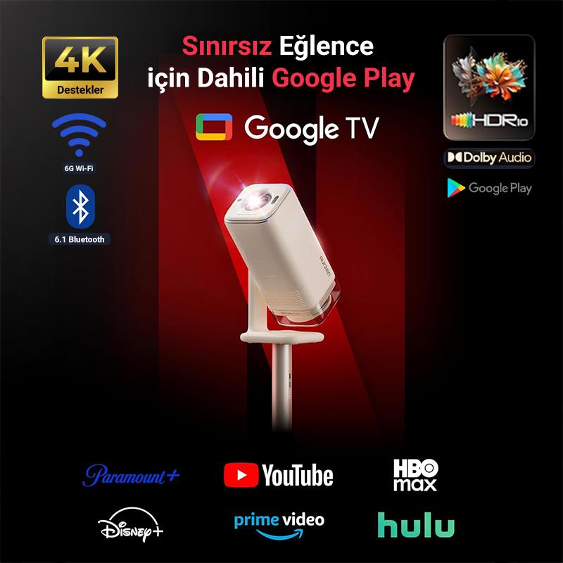 Vankyo Aurzen Boom Air Android Google TV 4K Destekli Projeksiyon Cihazı +HDR10+ToF Auto Focus+Auto Keystone+6G WiFi+6.1BT+Dolby Ses Sistemi+Powerbank Desteği - PS5/PS4/XBOX