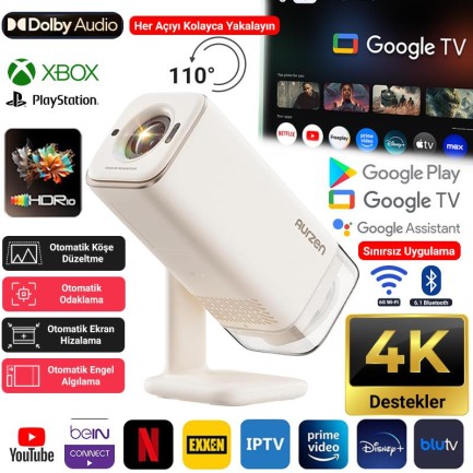 AURZEN - Vankyo Aurzen Boom Air Android Google TV 4K Destekli Projeksiyon Cihazı +HDR10+ToF Auto Focus+Auto Keystone+6G WiFi+6.1BT+Dolby Ses Sistemi+Powerbank Desteği - PS5/PS4/XBOX