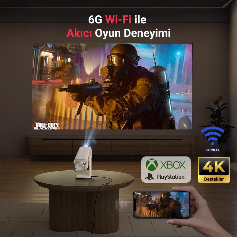 Vankyo Aurzen Boom Air Android Google TV 4K Destekli Projeksiyon Cihazı +HDR10+ToF Auto Focus+Auto Keystone+6G WiFi+6.1BT+Dolby Ses Sistemi+Powerbank Desteği - PS5/PS4/XBOX