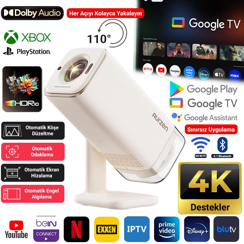 Vankyo Aurzen Boom Air Android Google TV 4K Destekli Projeksiyon Cihazı +HDR10+ToF Auto Focus+Auto Keystone+6G WiFi+6.1BT+Dolby Ses Sistemi+Powerbank Desteği - PS5/PS4/XBOX