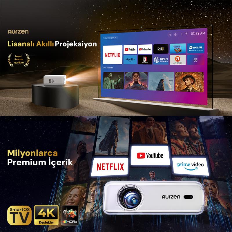 Vankyo Aurzen D1 Smart TV 4K Destekli Projeksiyon Cihazı +HDR10+Auto Focus+Auto Keystone+6G WiFi+6.1BT+Dolby Ses Sistemi - PS5/PS4/XBOX