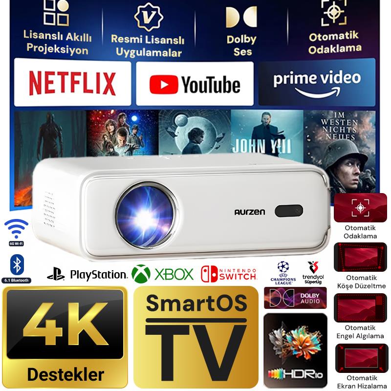 Vankyo Aurzen D1 Smart TV 4K Destekli Projeksiyon Cihazı +HDR10+Auto Focus+Auto Keystone+6G WiFi+6.1BT+Dolby Ses Sistemi - PS5/PS4/XBOX