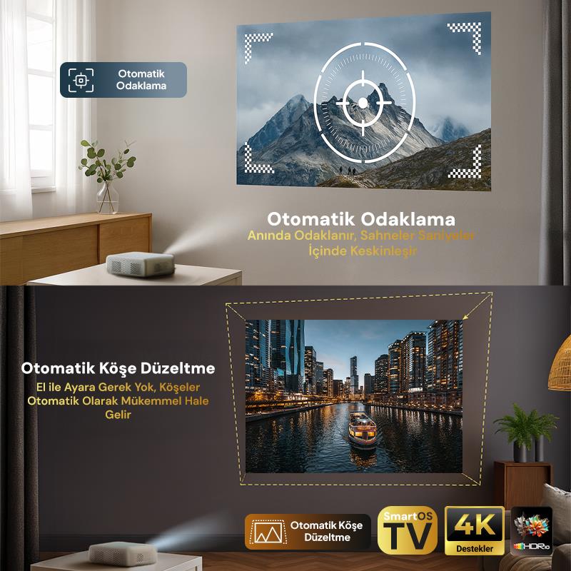 Vankyo Aurzen D1 Smart TV 4K Destekli Projeksiyon Cihazı +HDR10+Auto Focus+Auto Keystone+6G WiFi+6.1BT+Dolby Ses Sistemi - PS5/PS4/XBOX