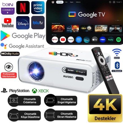 VANKYO - Vankyo Aurzen D1G Android Google TV 4K Destekli Projeksiyon Cihazı +HDR10+Auto Focus+Auto Keystone+6G WiFi+6.1BT+Dolby Ses Sistemi - PS5/PS4/XBOX