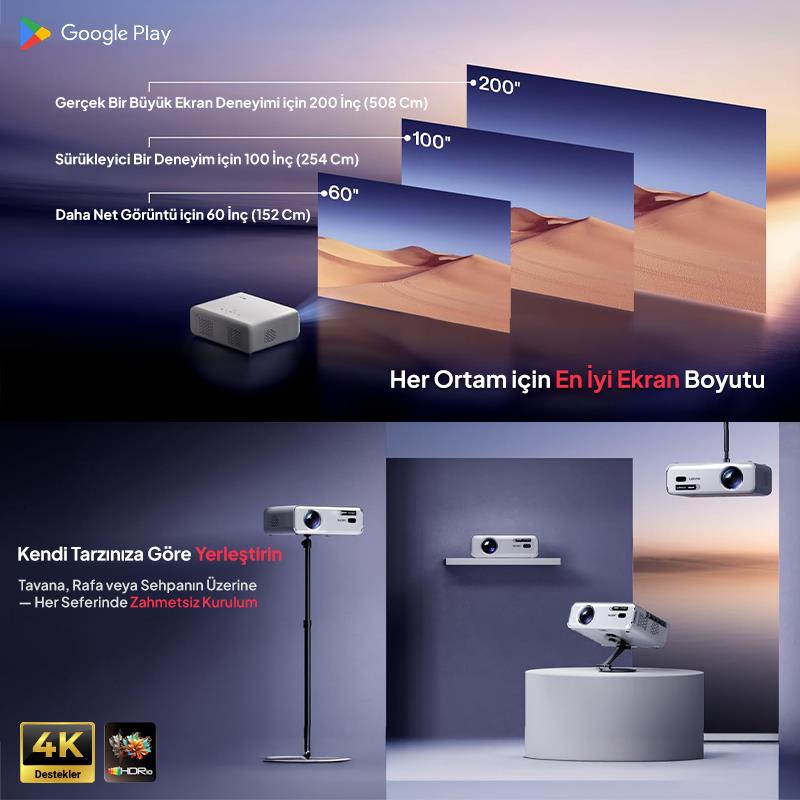 Vankyo Aurzen D1G Android Google TV 4K Destekli Projeksiyon Cihazı +HDR10+Auto Focus+Auto Keystone+6G WiFi+6.1BT+Dolby Ses Sistemi - PS5/PS4/XBOX