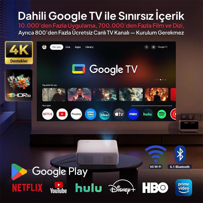 Vankyo Aurzen D1G Android Google TV 4K Destekli Projeksiyon Cihazı +HDR10+Auto Focus+Auto Keystone+6G WiFi+6.1BT+Dolby Ses Sistemi - PS5/PS4/XBOX