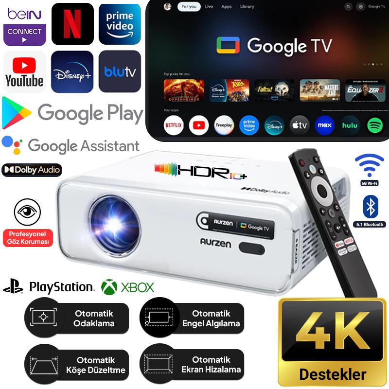 Vankyo Aurzen D1G Android Google TV 4K Destekli Projeksiyon Cihazı +HDR10+Auto Focus+Auto Keystone+6G WiFi+6.1BT+Dolby Ses Sistemi - PS5/PS4/XBOX