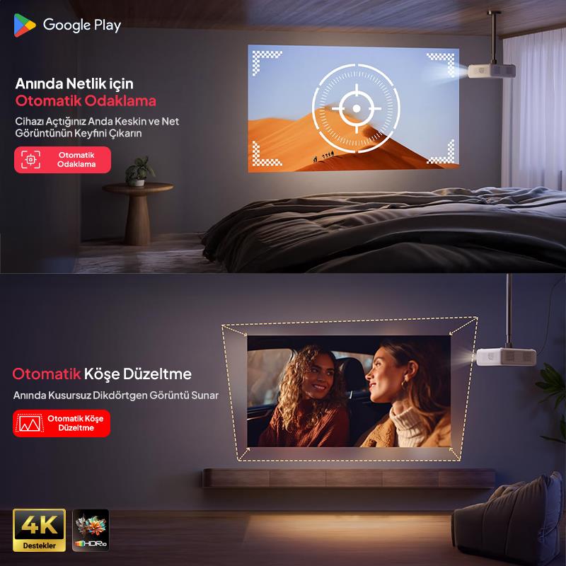 Vankyo Aurzen D1G Android Google TV 4K Destekli Projeksiyon Cihazı +HDR10+Auto Focus+Auto Keystone+6G WiFi+6.1BT+Dolby Ses Sistemi - PS5/PS4/XBOX