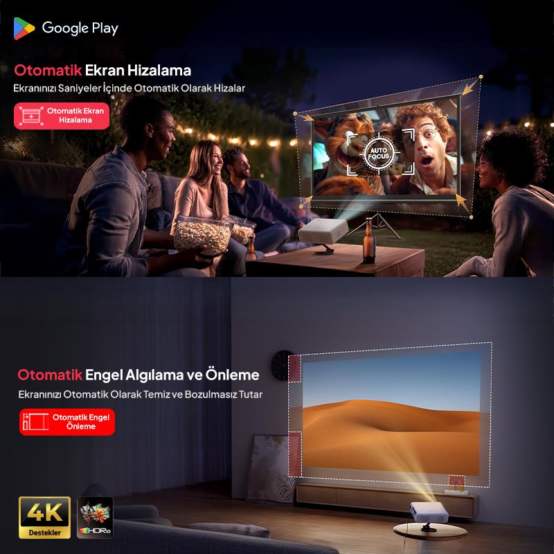 Vankyo Aurzen D1G Android Google TV 4K Destekli Projeksiyon Cihazı +HDR10+Auto Focus+Auto Keystone+6G WiFi+6.1BT+Dolby Ses Sistemi - PS5/PS4/XBOX