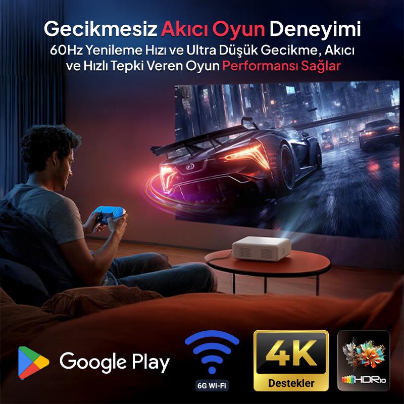 Vankyo Aurzen D1G Android Google TV 4K Destekli Projeksiyon Cihazı +HDR10+Auto Focus+Auto Keystone+6G WiFi+6.1BT+Dolby Ses Sistemi - PS5/PS4/XBOX
