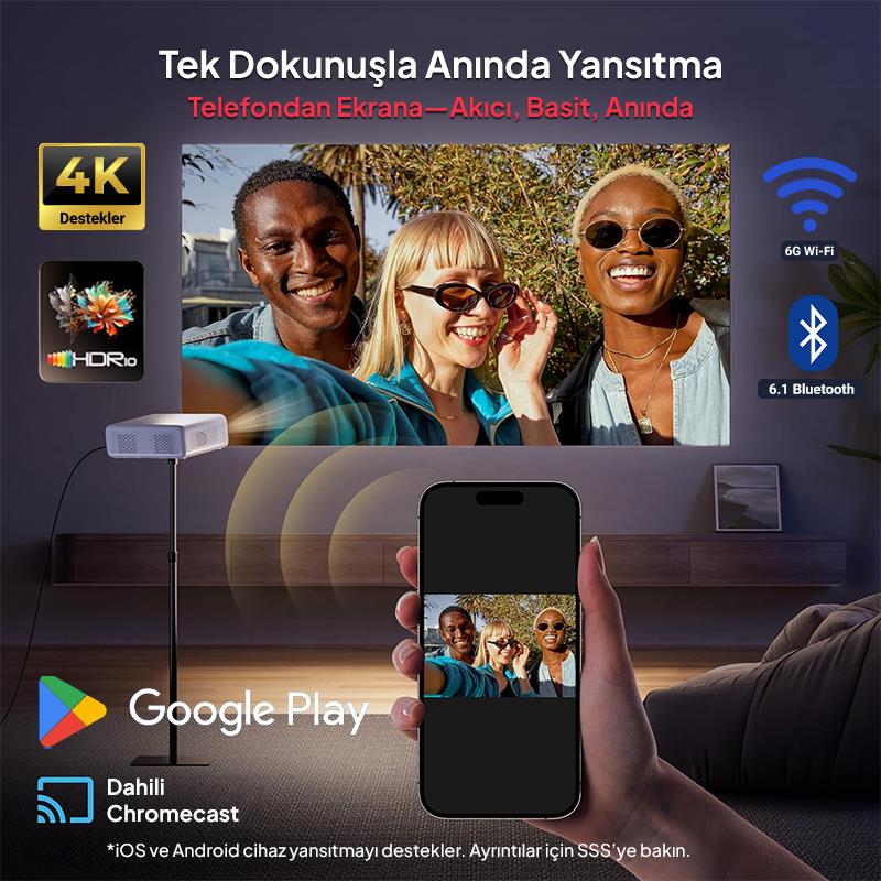 Vankyo Aurzen D1G Android Google TV 4K Destekli Projeksiyon Cihazı +HDR10+Auto Focus+Auto Keystone+6G WiFi+6.1BT+Dolby Ses Sistemi - PS5/PS4/XBOX