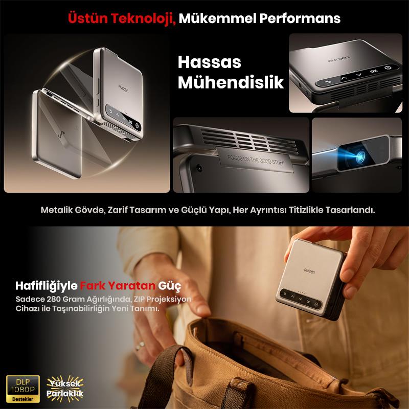 Vankyo Aurzen ZIP Katlanabilir DLP 1080P Destekli Bataryalı Projeksiyon Cihazı +Auto Focus+Auto Keystone+Type-C Hızlı Şarj+6G WiFi+6.1 Bluetooth Gold - PS5/PS4/XBOX