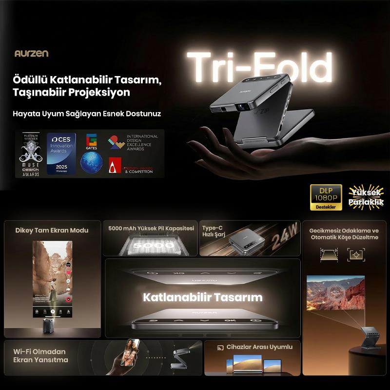 Vankyo Aurzen ZIP Katlanabilir DLP 1080P Destekli Bataryalı Projeksiyon Cihazı +Auto Focus+Auto Keystone+Type-C Hızlı Şarj+6G WiFi+6.1 Bluetooth Koyu Gri - PS5/PS4/XBOX