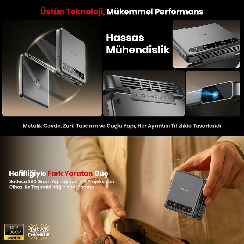 Vankyo Aurzen ZIP Katlanabilir DLP 1080P Destekli Bataryalı Projeksiyon Cihazı +Auto Focus+Auto Keystone+Type-C Hızlı Şarj+6G WiFi+6.1 Bluetooth Koyu Gri - PS5/PS4/XBOX