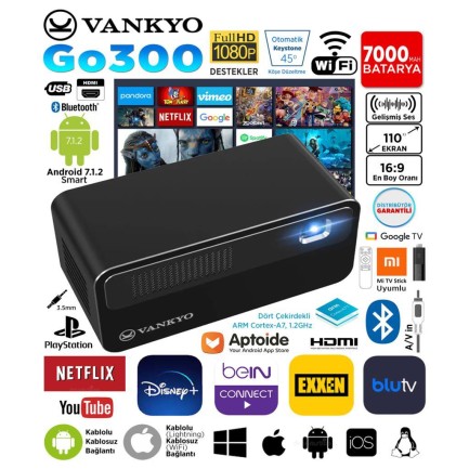 VANKYO - VANKYO GO300 DLP 1080P Android Smart Wi-Fi + Bluetooth Taşınabilir Bataryalı Projeksiyon Cihazı - Dahili Youtube Netflix - 110 İnç Yansıtma - Auto Keystone