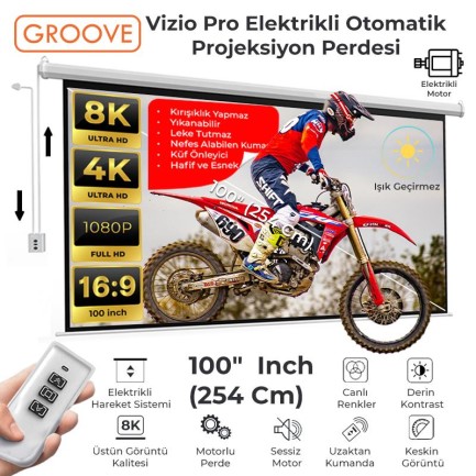 GROOVE - Groove Vizio Pro 100¨ Inch Blackout Işık Geçirmez Elektrikli Otomatik Kumandalı Projeksiyon Perdesi 220x125cm +Motorlu+Canlı Renkler+Göz Koruması+Leke Tutmaz Projector