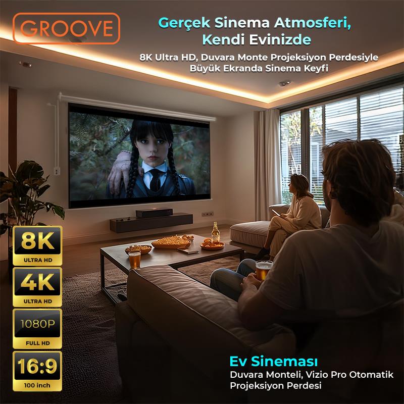 Groove Vizio Pro 100¨ Inch Blackout Işık Geçirmez Elektrikli Otomatik Kumandalı Projeksiyon Perdesi 220x125cm +Motorlu+Canlı Renkler+Göz Koruması+Leke Tutmaz Projector