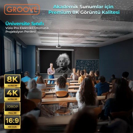 Groove Vizio Pro 100¨ Inch Blackout Işık Geçirmez Elektrikli Otomatik Kumandalı Projeksiyon Perdesi 220x125cm +Motorlu+Canlı Renkler+Göz Koruması+Leke Tutmaz Projector - Thumbnail