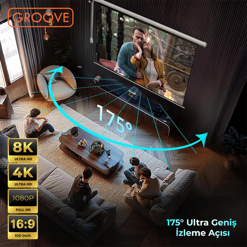 Groove Vizio Pro 100¨ Inch Blackout Işık Geçirmez Elektrikli Otomatik Kumandalı Projeksiyon Perdesi 220x125cm +Motorlu+Canlı Renkler+Göz Koruması+Leke Tutmaz Projector