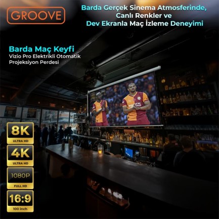 Groove Vizio Pro 100¨ Inch Blackout Işık Geçirmez Elektrikli Otomatik Kumandalı Projeksiyon Perdesi 220x125cm +Motorlu+Canlı Renkler+Göz Koruması+Leke Tutmaz Projector - Thumbnail
