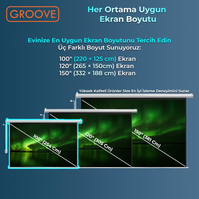 Groove Vizio Pro 100¨ Inch Blackout Işık Geçirmez Elektrikli Otomatik Kumandalı Projeksiyon Perdesi 220x125cm +Motorlu+Canlı Renkler+Göz Koruması+Leke Tutmaz Projector
