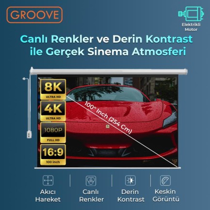 Groove Vizio Pro 100¨ Inch Blackout Işık Geçirmez Elektrikli Otomatik Kumandalı Projeksiyon Perdesi 220x125cm +Motorlu+Canlı Renkler+Göz Koruması+Leke Tutmaz Projector - Thumbnail