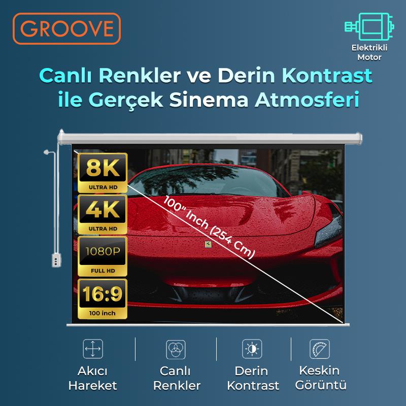 Groove Vizio Pro 100¨ Inch Blackout Işık Geçirmez Elektrikli Otomatik Kumandalı Projeksiyon Perdesi 220x125cm +Motorlu+Canlı Renkler+Göz Koruması+Leke Tutmaz Projector