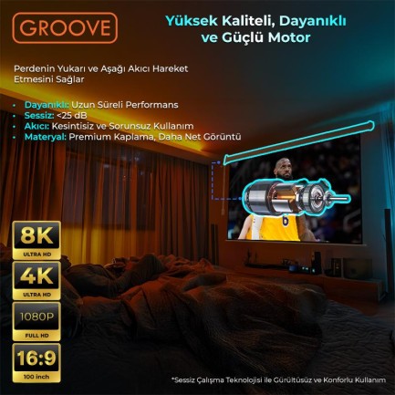 Groove Vizio Pro 100¨ Inch Blackout Işık Geçirmez Elektrikli Otomatik Kumandalı Projeksiyon Perdesi 220x125cm +Motorlu+Canlı Renkler+Göz Koruması+Leke Tutmaz Projector - Thumbnail