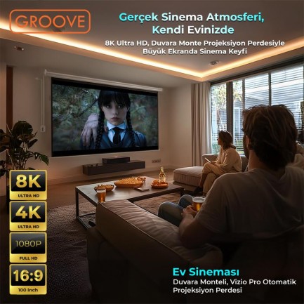 Groove Vizio Pro 100¨ Inch Blackout Işık Geçirmez Elektrikli Otomatik Kumandalı Projeksiyon Perdesi 220x125cm +Motorlu+Canlı Renkler+Göz Koruması+Leke Tutmaz Projector - Thumbnail
