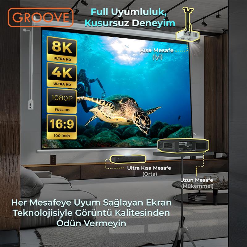 Groove Vizio Pro 100¨ Inch Blackout Işık Geçirmez Elektrikli Otomatik Kumandalı Projeksiyon Perdesi 220x125cm +Motorlu+Canlı Renkler+Göz Koruması+Leke Tutmaz Projector