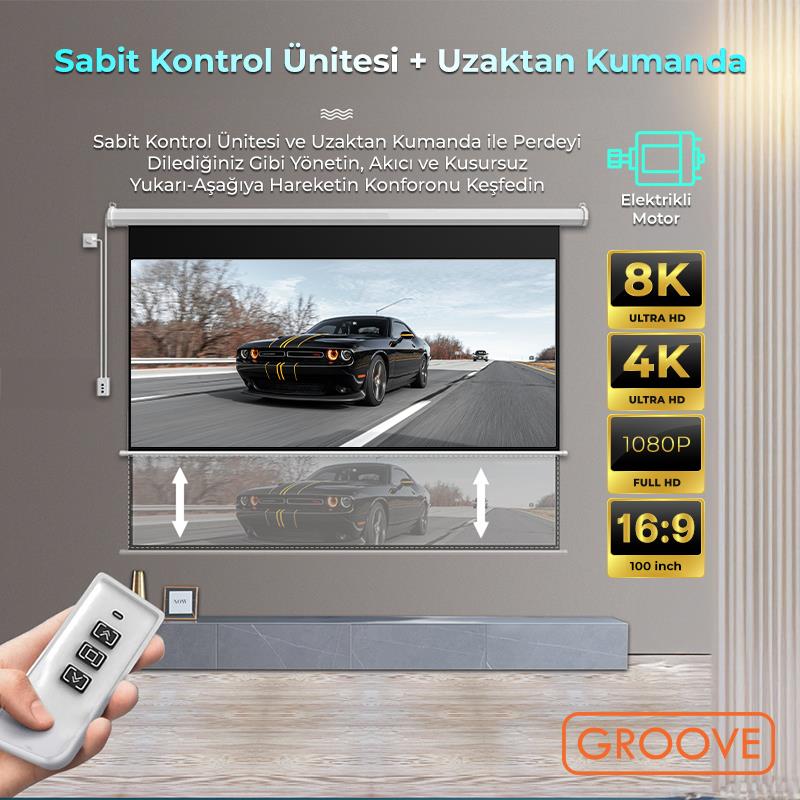 Groove Vizio Pro 100¨ Inch Blackout Işık Geçirmez Elektrikli Otomatik Kumandalı Projeksiyon Perdesi 220x125cm +Motorlu+Canlı Renkler+Göz Koruması+Leke Tutmaz Projector