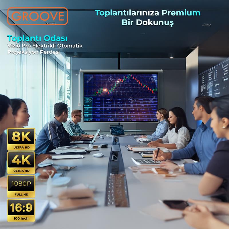 Groove Vizio Pro 100¨ Inch Blackout Işık Geçirmez Elektrikli Otomatik Kumandalı Projeksiyon Perdesi 220x125cm +Motorlu+Canlı Renkler+Göz Koruması+Leke Tutmaz Projector