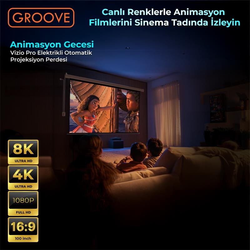 Groove Vizio Pro 100¨ Inch Blackout Işık Geçirmez Elektrikli Otomatik Kumandalı Projeksiyon Perdesi 220x125cm +Motorlu+Canlı Renkler+Göz Koruması+Leke Tutmaz Projector
