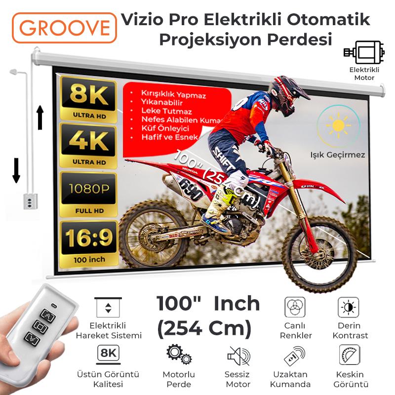Groove Vizio Pro 100¨ Inch Blackout Işık Geçirmez Elektrikli Otomatik Kumandalı Projeksiyon Perdesi 220x125cm +Motorlu+Canlı Renkler+Göz Koruması+Leke Tutmaz Projector