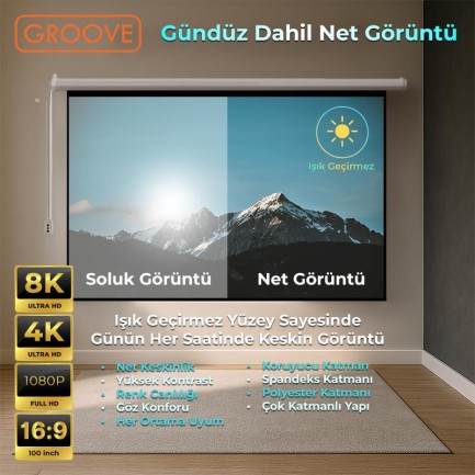 Groove Vizio Pro 100¨ Inch Blackout Işık Geçirmez Elektrikli Otomatik Kumandalı Projeksiyon Perdesi 220x125cm +Motorlu+Canlı Renkler+Göz Koruması+Leke Tutmaz Projector - Thumbnail