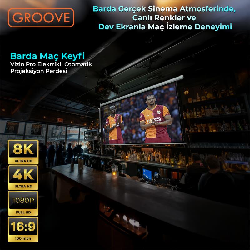 Groove Vizio Pro 100¨ Inch Blackout Işık Geçirmez Elektrikli Otomatik Kumandalı Projeksiyon Perdesi 220x125cm +Motorlu+Canlı Renkler+Göz Koruması+Leke Tutmaz Projector