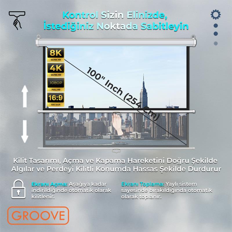 Groove Vizio Pro 100¨ Inch 220x125cm Blackout Işık Geçirmez Profesyonel Projeksiyon Perdesi +Canlı Renkler+Göz Koruması+Leke Tutmaz Projector