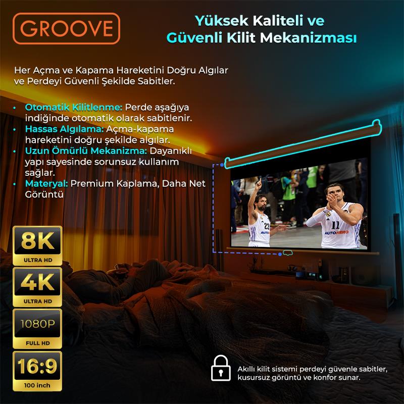 Groove Vizio Pro 100¨ Inch 220x125cm Blackout Işık Geçirmez Profesyonel Projeksiyon Perdesi +Canlı Renkler+Göz Koruması+Leke Tutmaz Projector