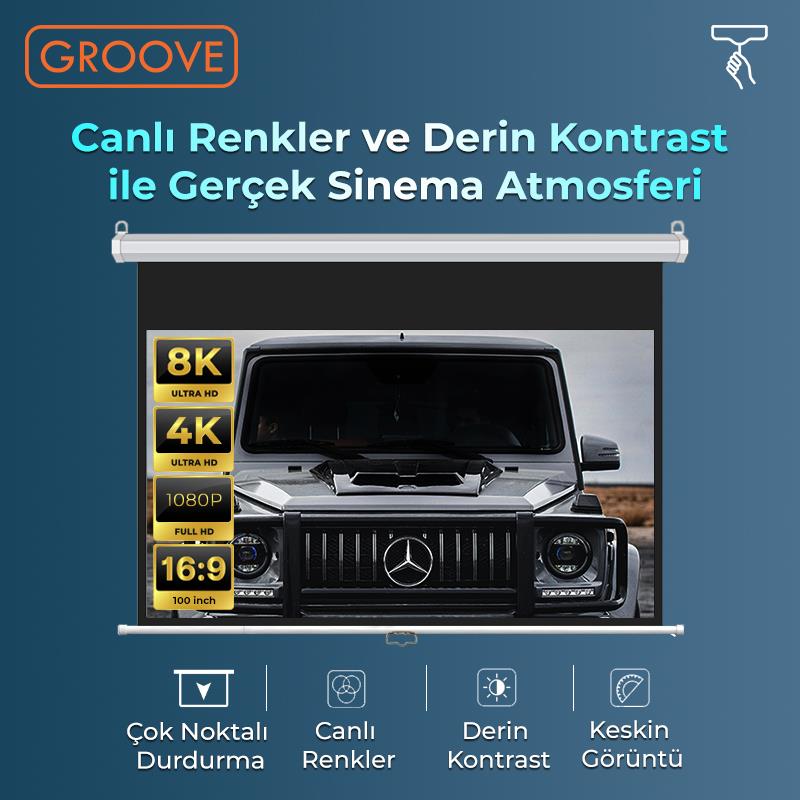 Groove Vizio Pro 100¨ Inch 220x125cm Blackout Işık Geçirmez Profesyonel Projeksiyon Perdesi +Canlı Renkler+Göz Koruması+Leke Tutmaz Projector