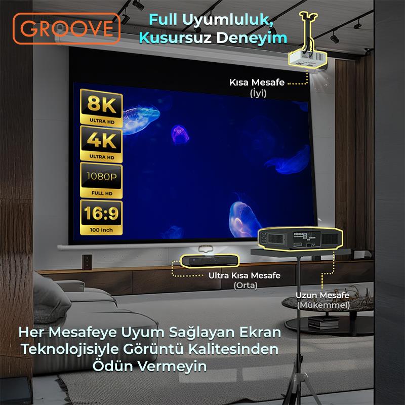 Groove Vizio Pro 100¨ Inch 220x125cm Blackout Işık Geçirmez Profesyonel Projeksiyon Perdesi +Canlı Renkler+Göz Koruması+Leke Tutmaz Projector