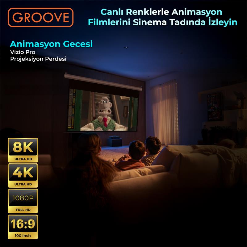 Groove Vizio Pro 100¨ Inch 220x125cm Blackout Işık Geçirmez Profesyonel Projeksiyon Perdesi +Canlı Renkler+Göz Koruması+Leke Tutmaz Projector