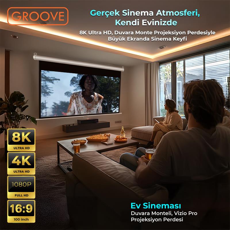 Groove Vizio Pro 100¨ Inch 220x125cm Blackout Işık Geçirmez Profesyonel Projeksiyon Perdesi +Canlı Renkler+Göz Koruması+Leke Tutmaz Projector